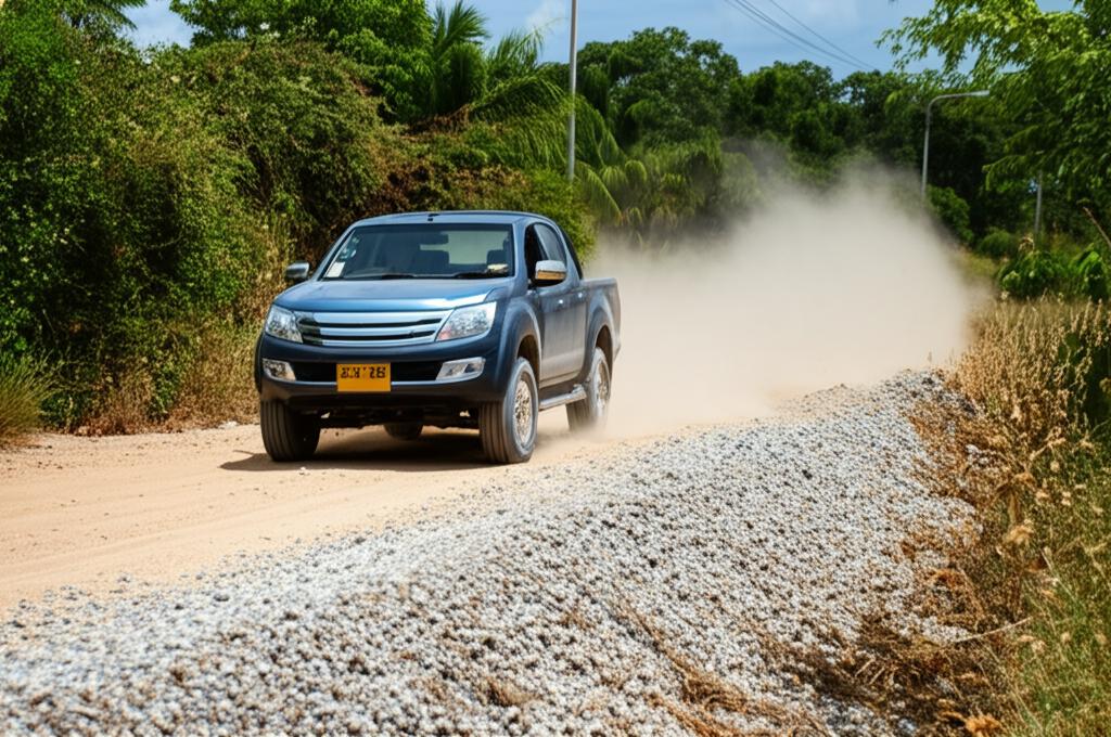 Pickup truck driving on a dusty, gravel road in rural Thailand