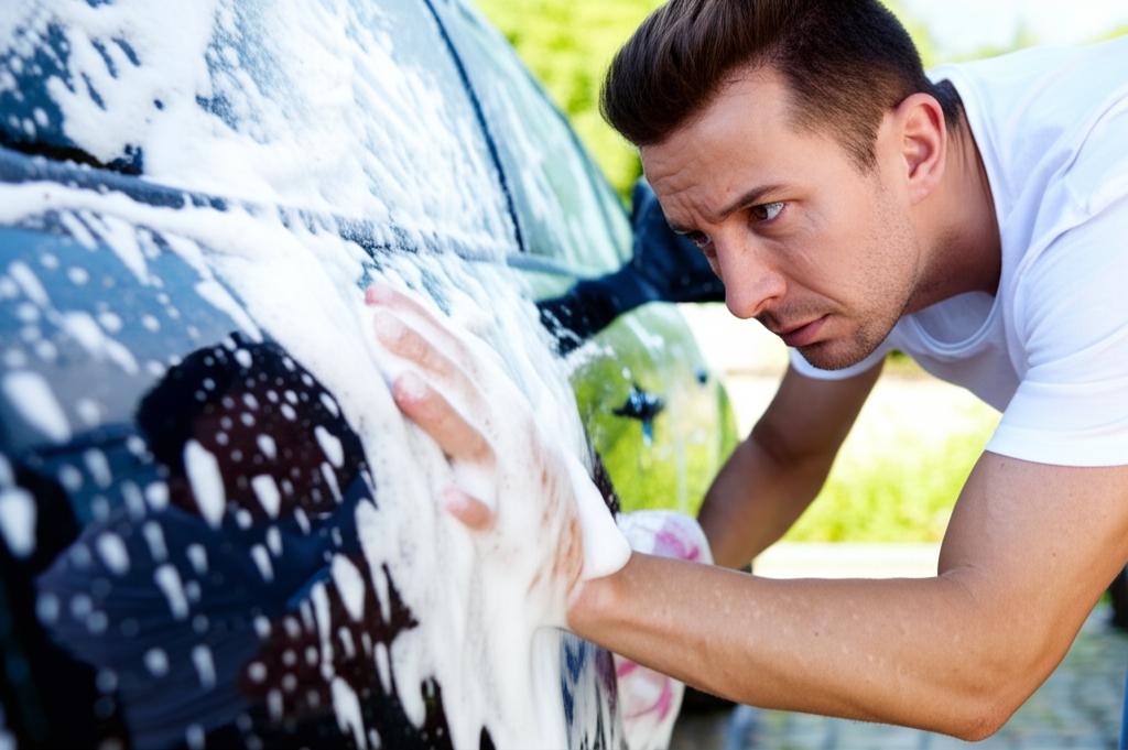 Person carefully washing a car, looking worried