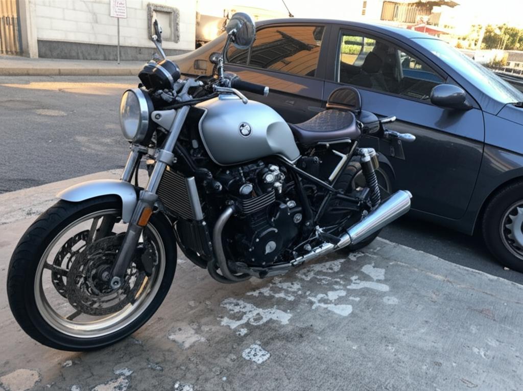 Motorcycle and car parked side-by-side, both looking clean and well-maintained