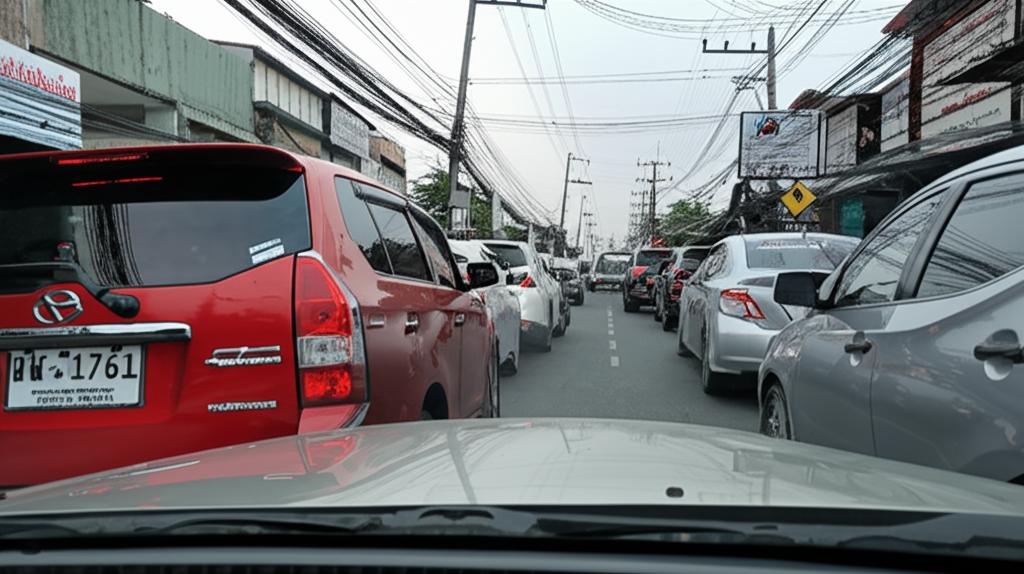 Car driving through a busy street market in Thailand, showing close traffic and potential for scratches