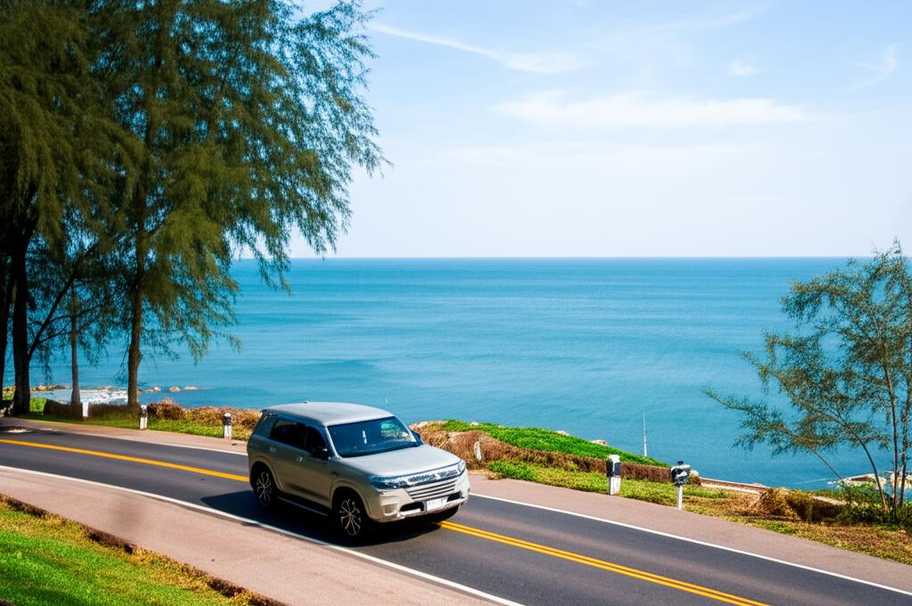 SUV parked on a scenic coastal road in Thailand, facing the sea.