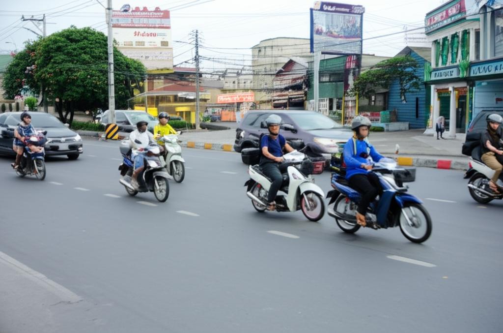 Busy street scene in Thailand with motorcycles and cars