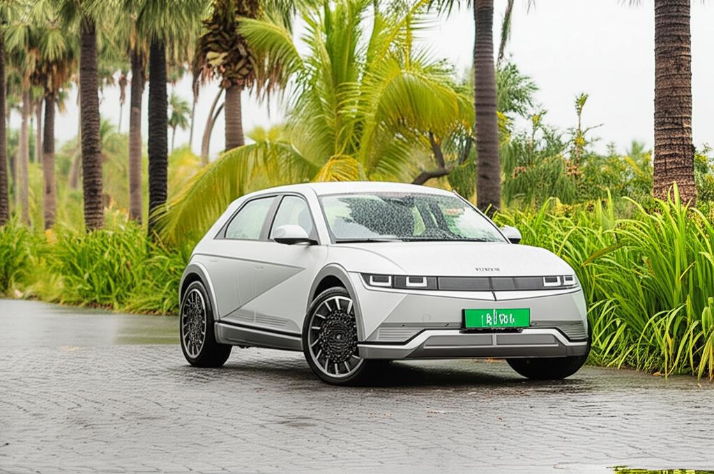 New EV parked near palm trees in Thailand during a light rain