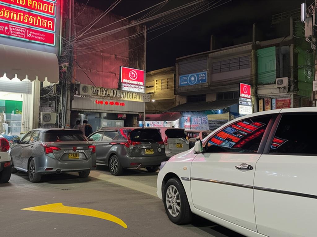 Car parked in a tight spot near a vibrant Thai night market