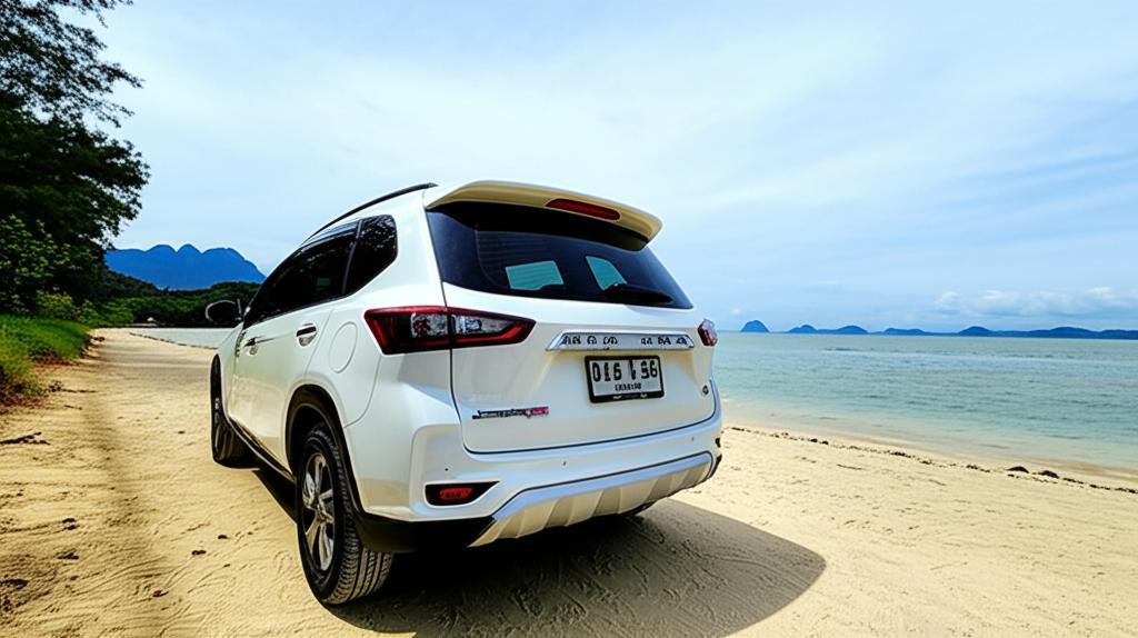 Car parked near a beautiful Thai beach, highlighting the car