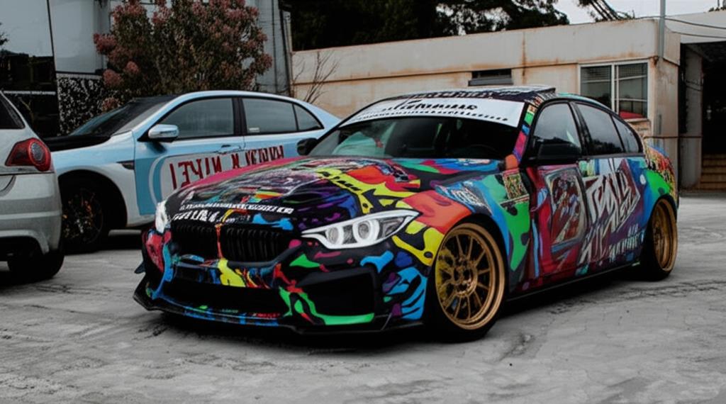 A car with a vibrant custom wrap attracting attention.