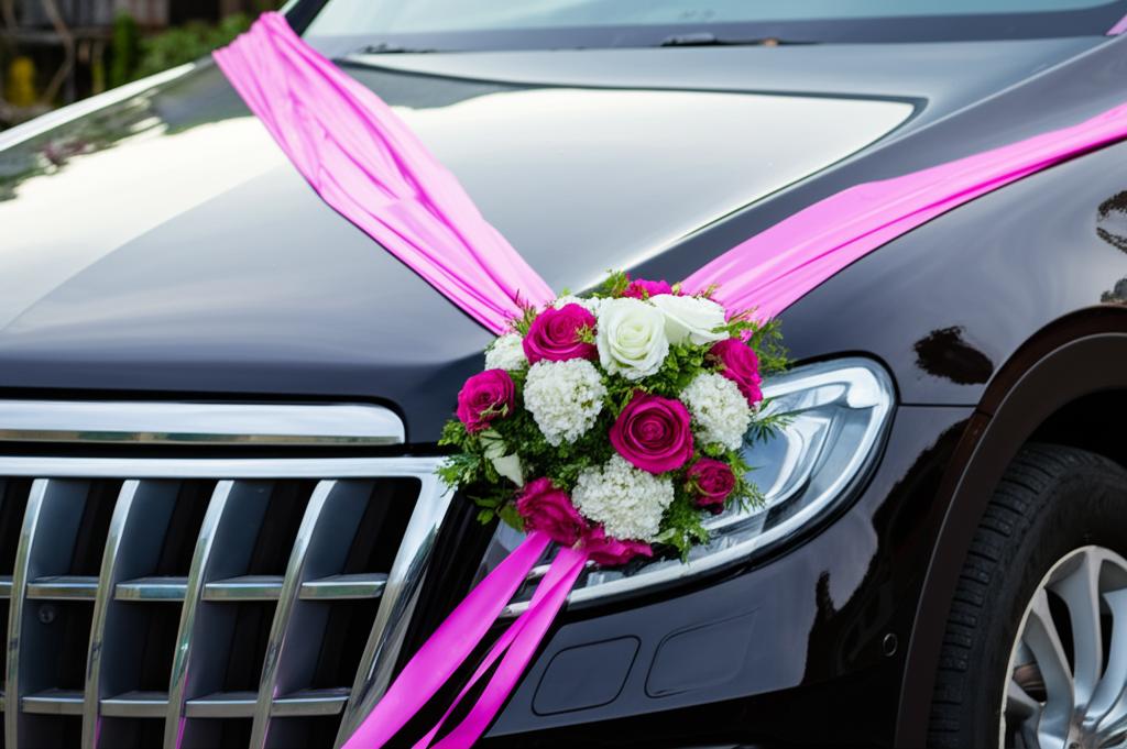 A beautiful new car decorated with wedding flowers and ribbons.