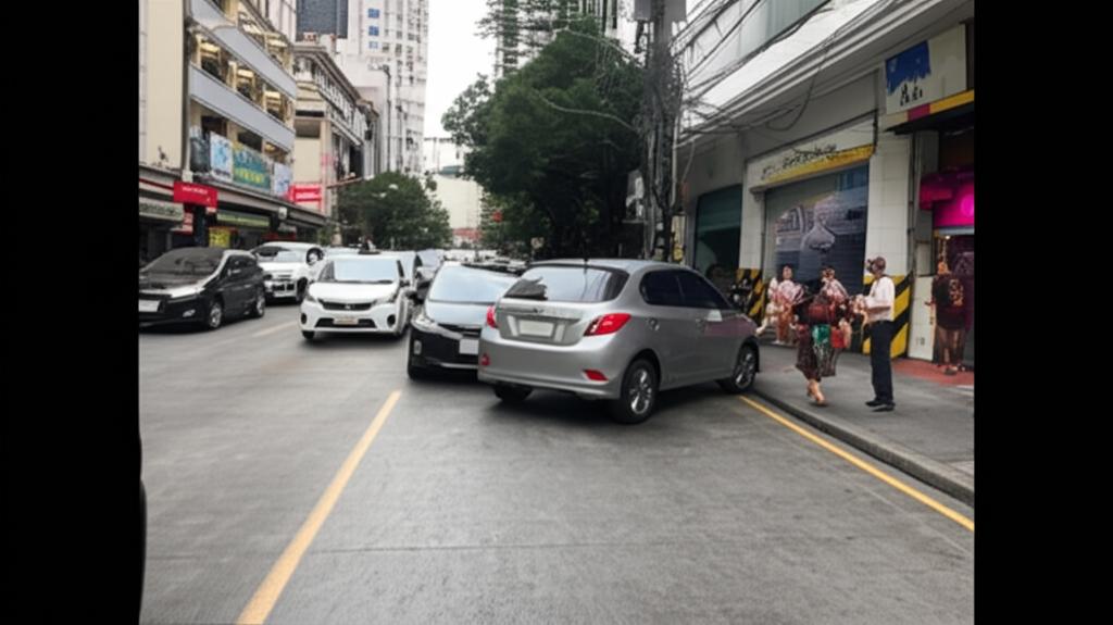 Car struggling to park in a tight, busy CBD parking lot in Bangkok