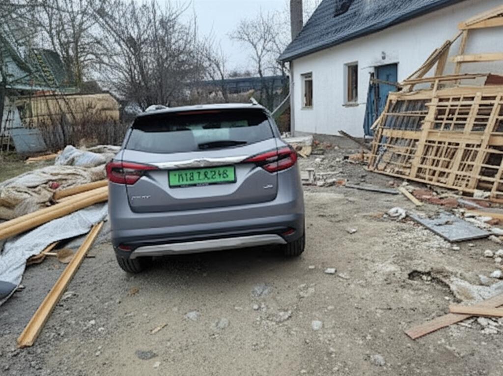 Family car parked near a home renovation site, looking vulnerable.