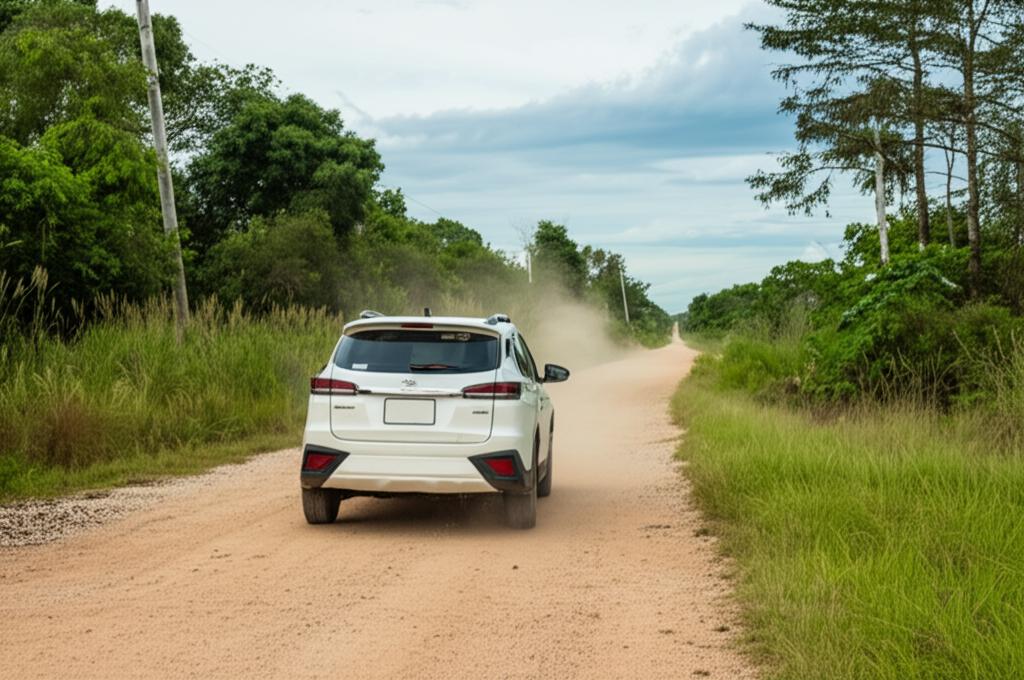 Car driving on a dusty, gravel rural road in Thailand