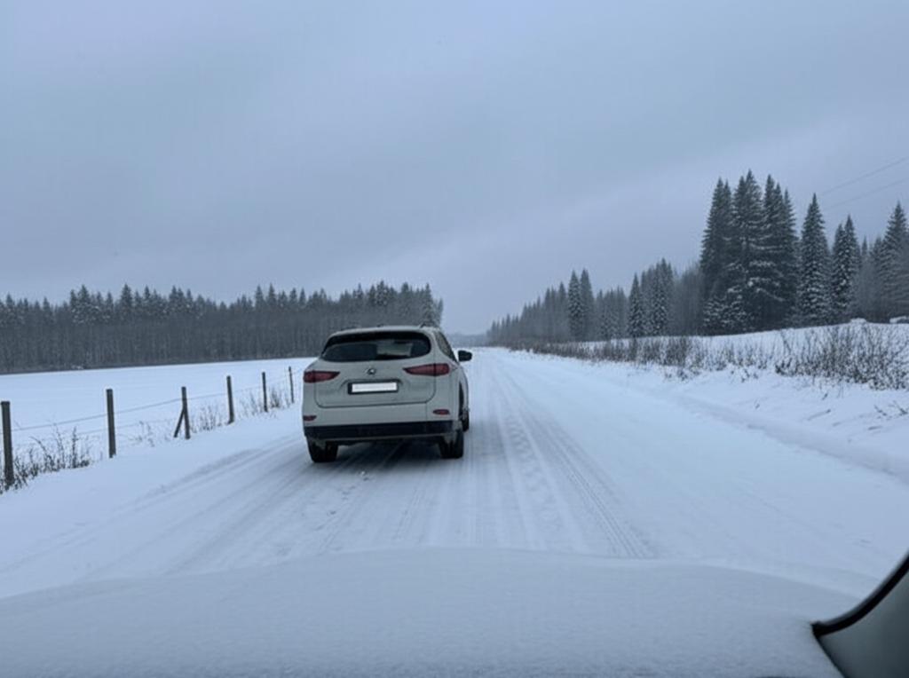 Car driving through a snowy landscape with road salt visible