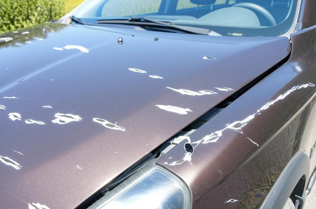 Car with multiple paint chips on the hood after a road trip, highlighting the damage from road debris.