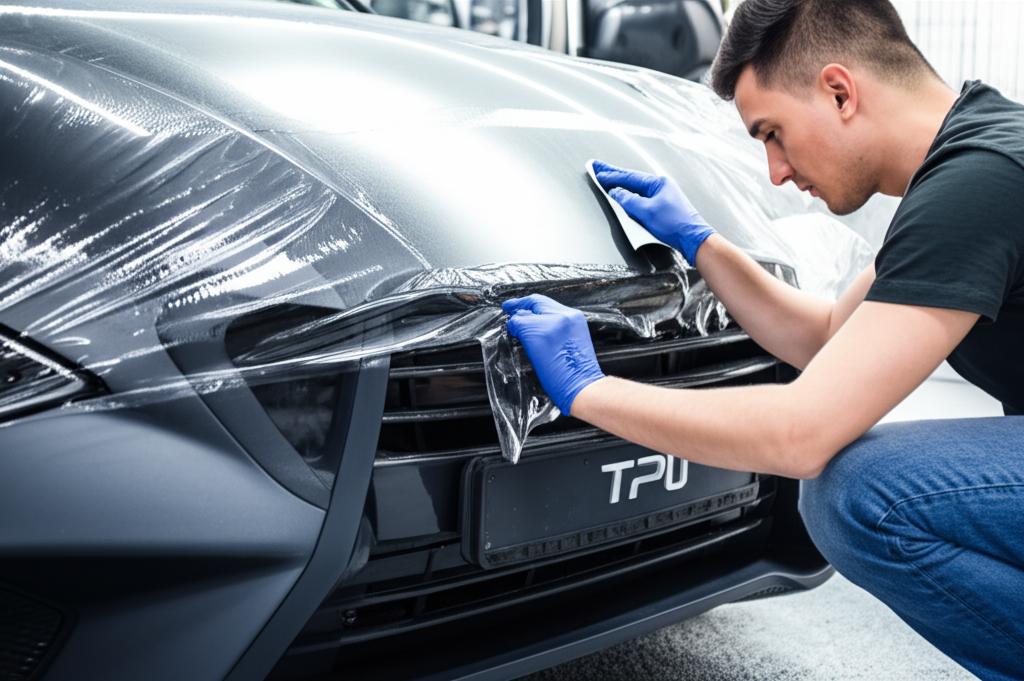 Skilled technician applying a clear TPU film to a vehicle