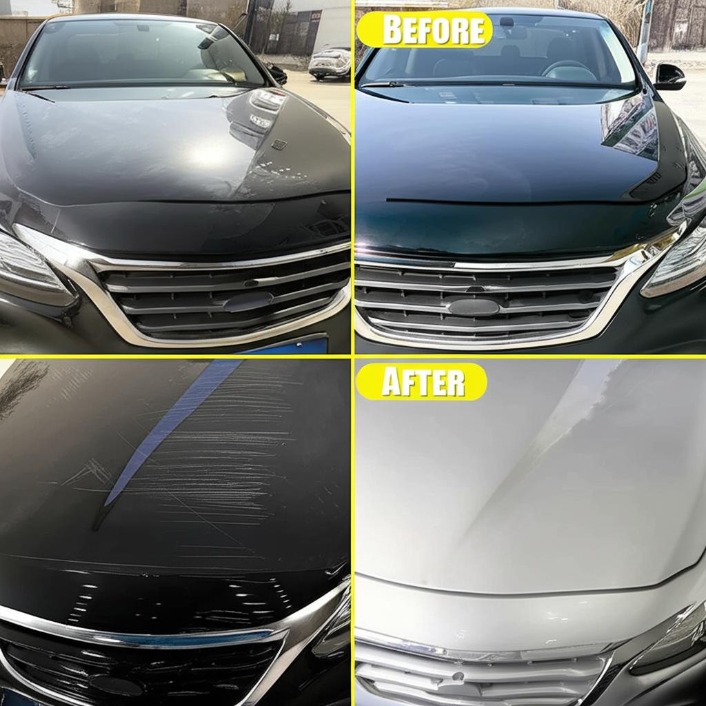 Before and after comparison of a car bonnet, showing scratches before and a flawless finish after TPU film installation