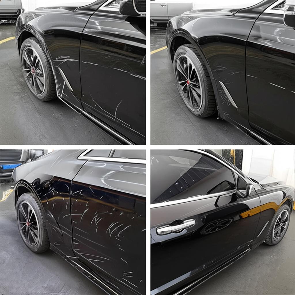 Technician applying clear protective film to a car