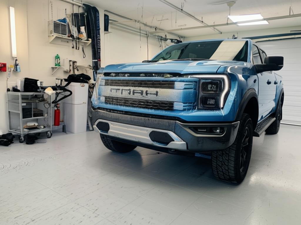 Pickup truck being professionally wrapped with clear TPU film.