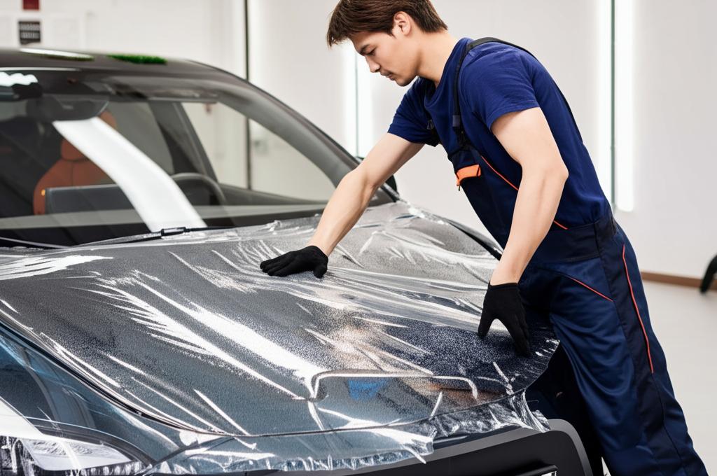 Skilled technician applying clear protective film to the hood of an electric car