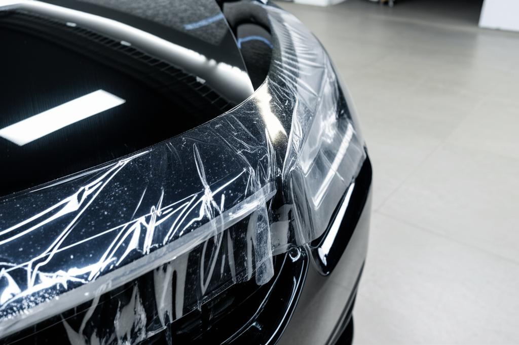 Close-up of a car hood being wrapped with clear protective film