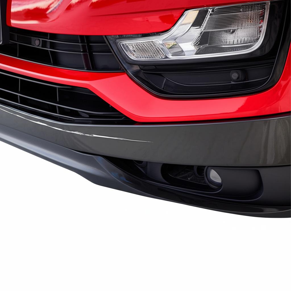 Close-up of a car bumper showing a scratch before and after TPU film application