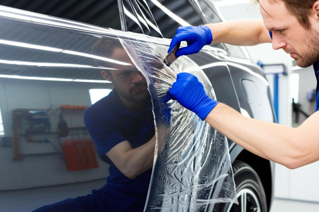 Professional applying protective film to a car panel