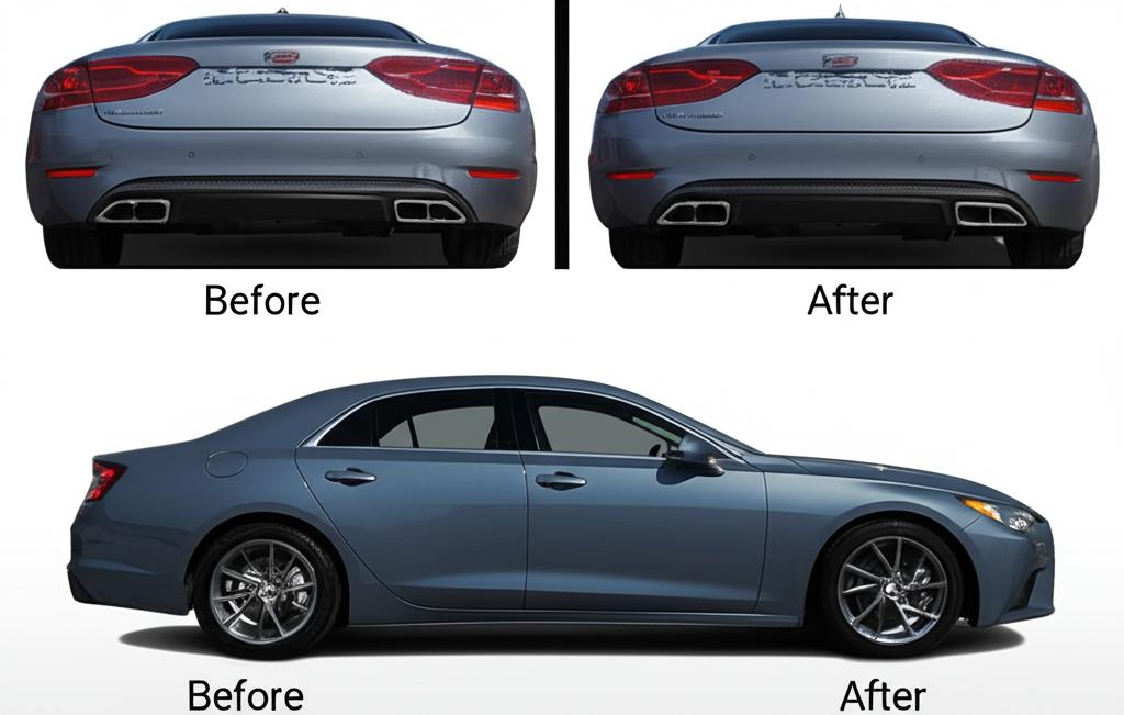 Before and after comparison showing a car