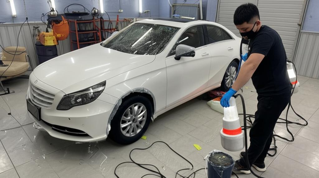 A car receiving a full TPU film installation.