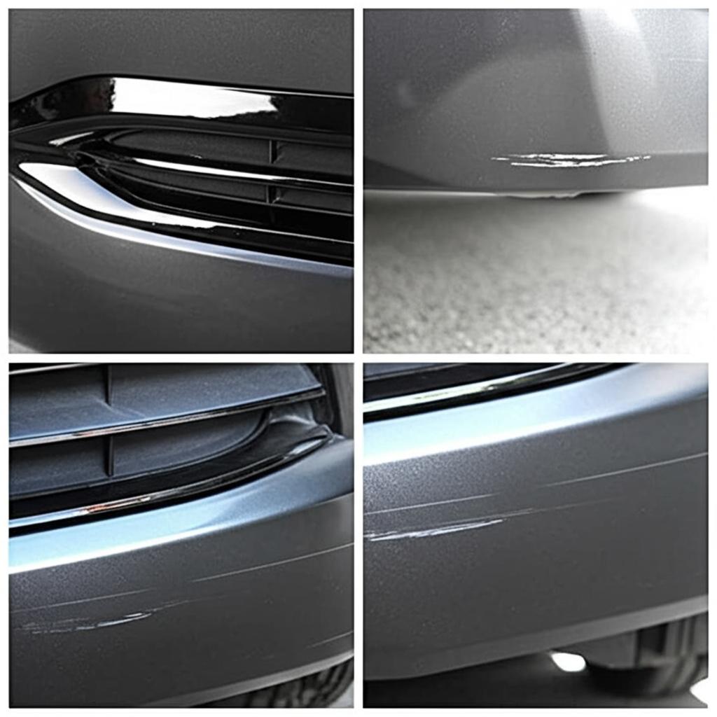 Close-up of a car bumper with a visible scratch before and after TPU film application