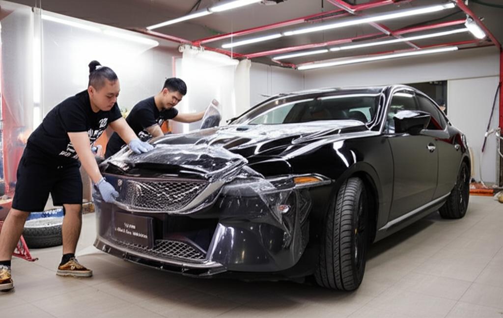 Car receiving TPU film installation by skilled technicians.