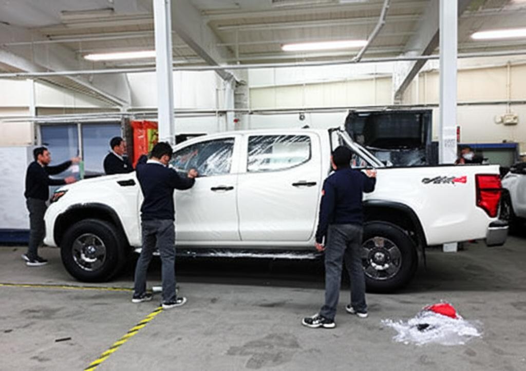 Technicians applying transparent film to a pickup truck