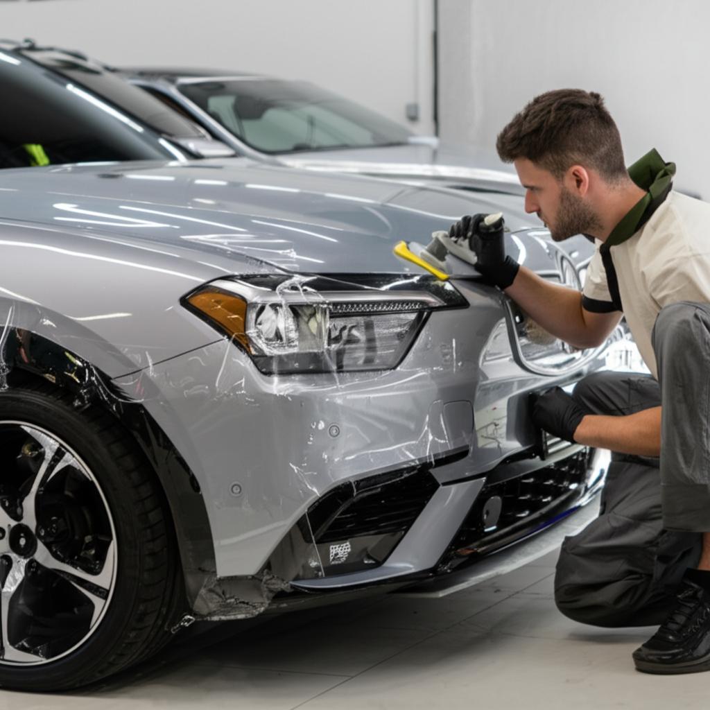 Professional applying TPU film to a car