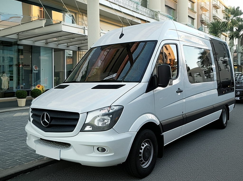 Professionally wrapped executive shuttle vehicle looking sleek and modern outside a luxury hotel