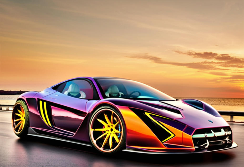 Stunning car with a futuristic wrap driving on a scenic Thai coastal road at sunset