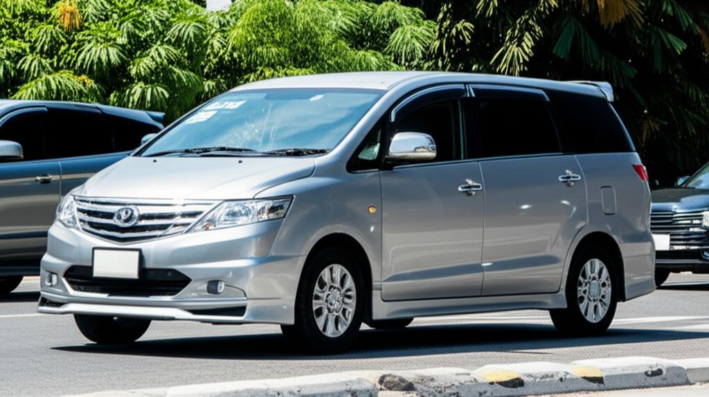 Family MPV parked in Thailand, highlighting potential environmental factors like sun or traffic
