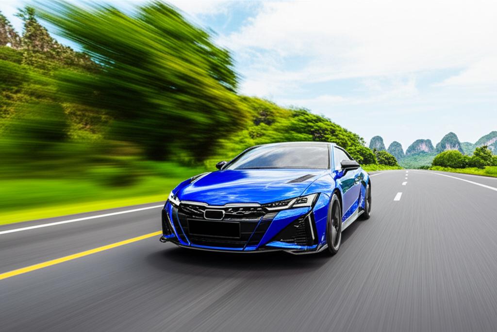 Performance car driving on a scenic Thai highway