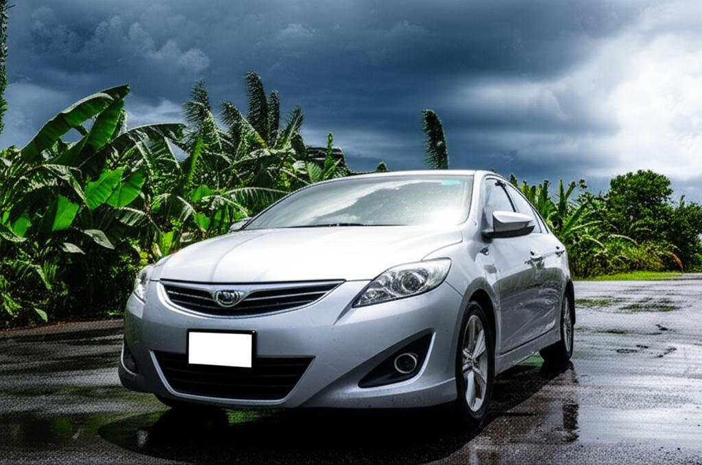 Car parked under intense sun and rain in Thailand.