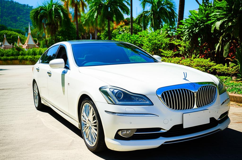 Luxury car parked in Thailand with bright sun shining on it
