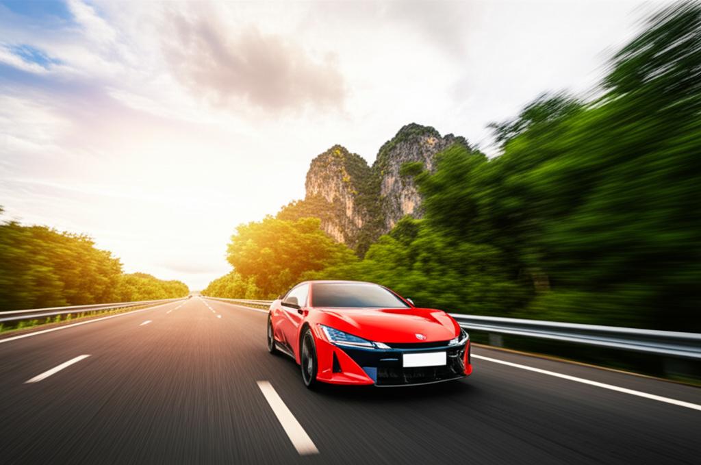 A high-performance car driving on a scenic Thai highway