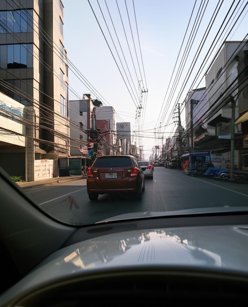 Car driving through a busy street in Thailand under bright sun