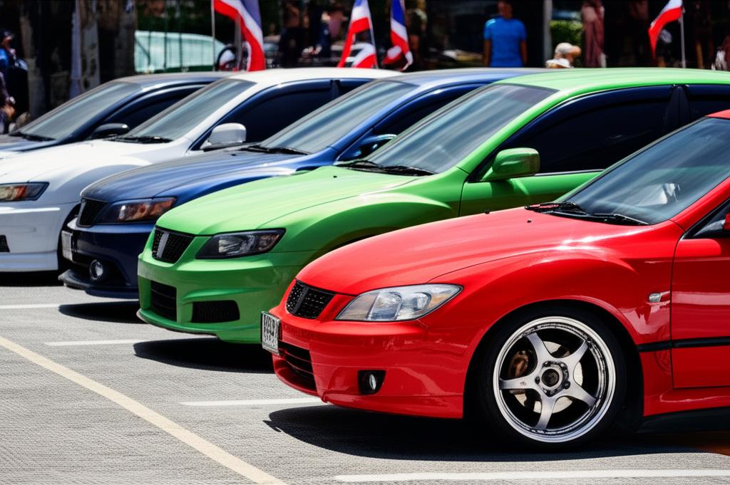 A group of shiny cars parked at a vibrant car meet in Thailand under sunny skies.