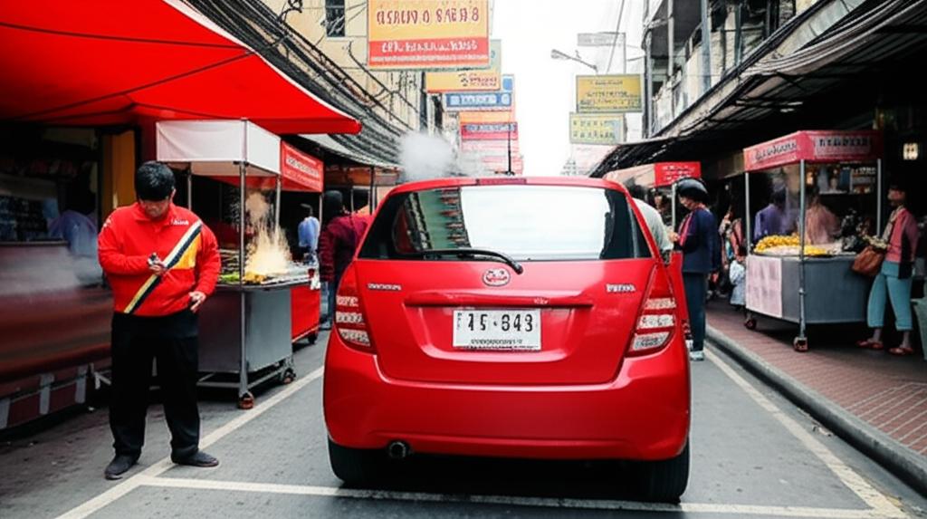 Car navigating a tight parking spot in a busy Thai city street
