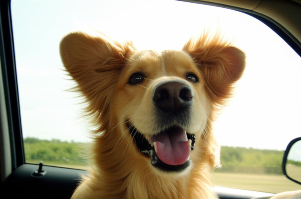 Happy dog riding in car window enjoying the breeze
