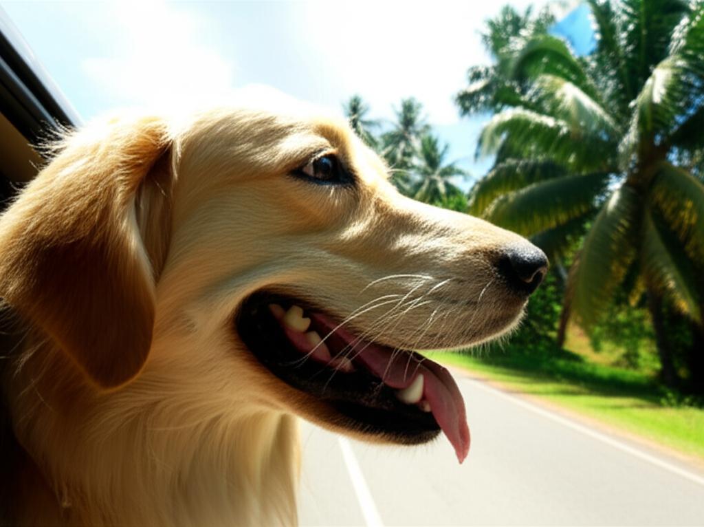 Happy dog looking out of a car window on a road trip in Thailand