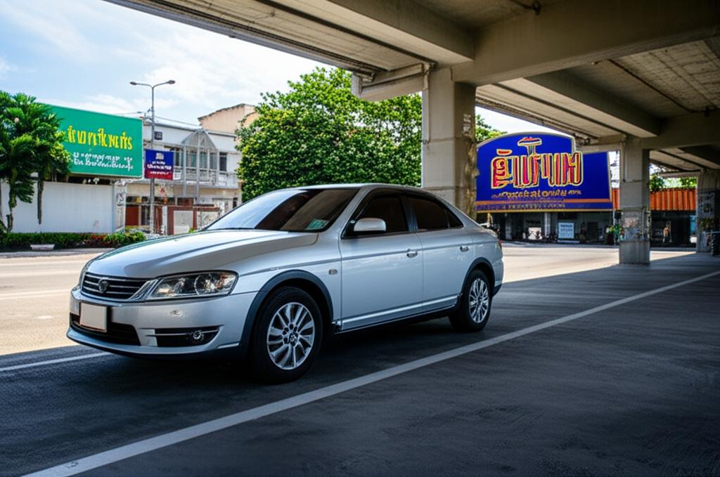 Car parked under bright sun in Thailand urban setting