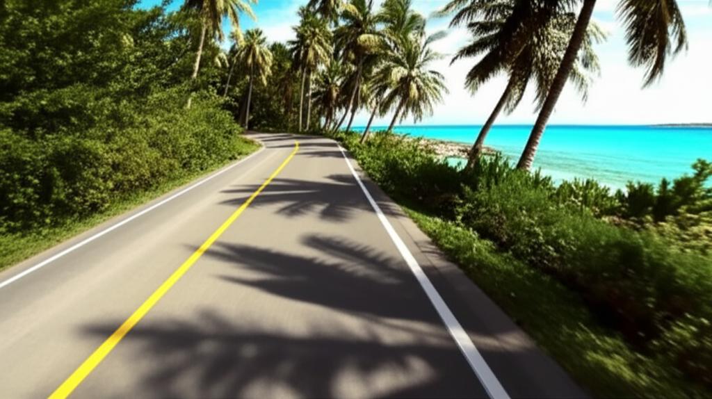 Car driving along a sunny tropical island road.