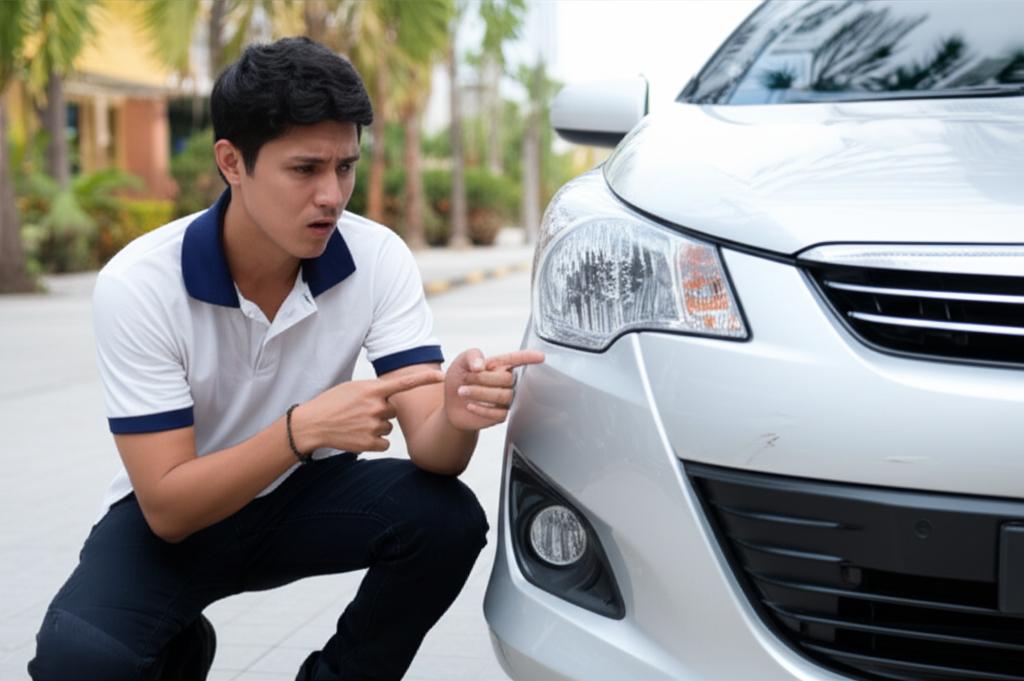 Delivery driver looking worried at a small scratch on a rental car in Thailand