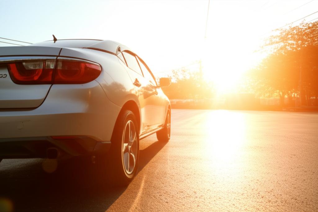 Bright sun shining intensely over a car in Thailand