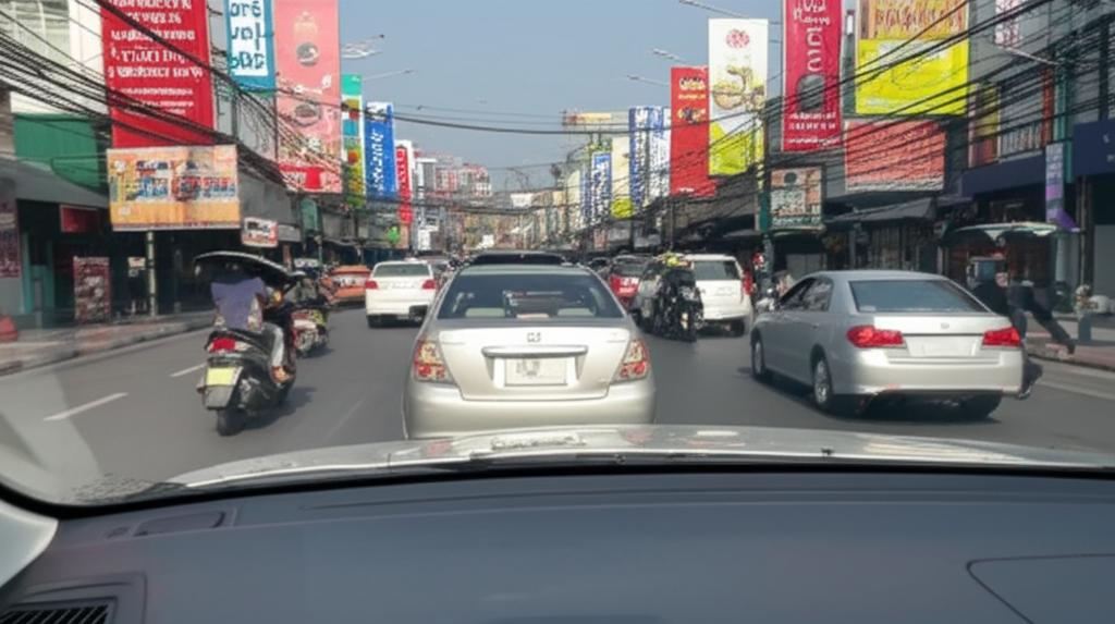 Car driving in busy Thailand traffic under strong sun