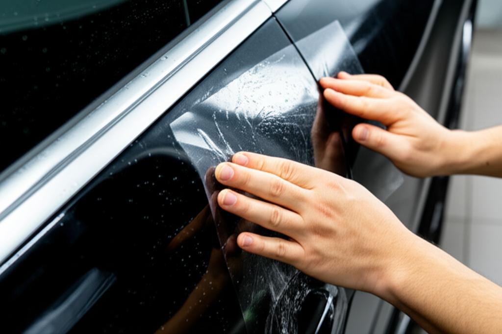 Skilled technician applying transparent TPU film onto a car panel.