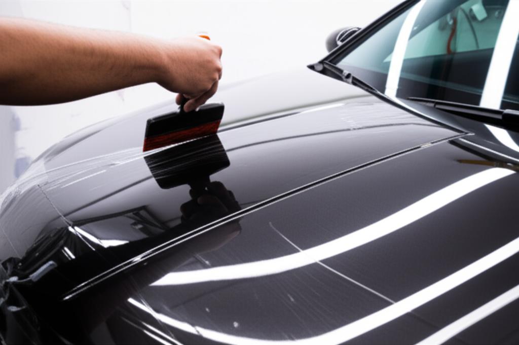 Close-up of a car hood being covered with protective film