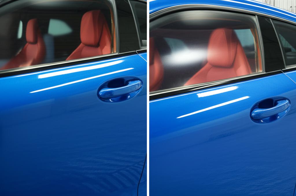 Car before and after applying clear protective film.